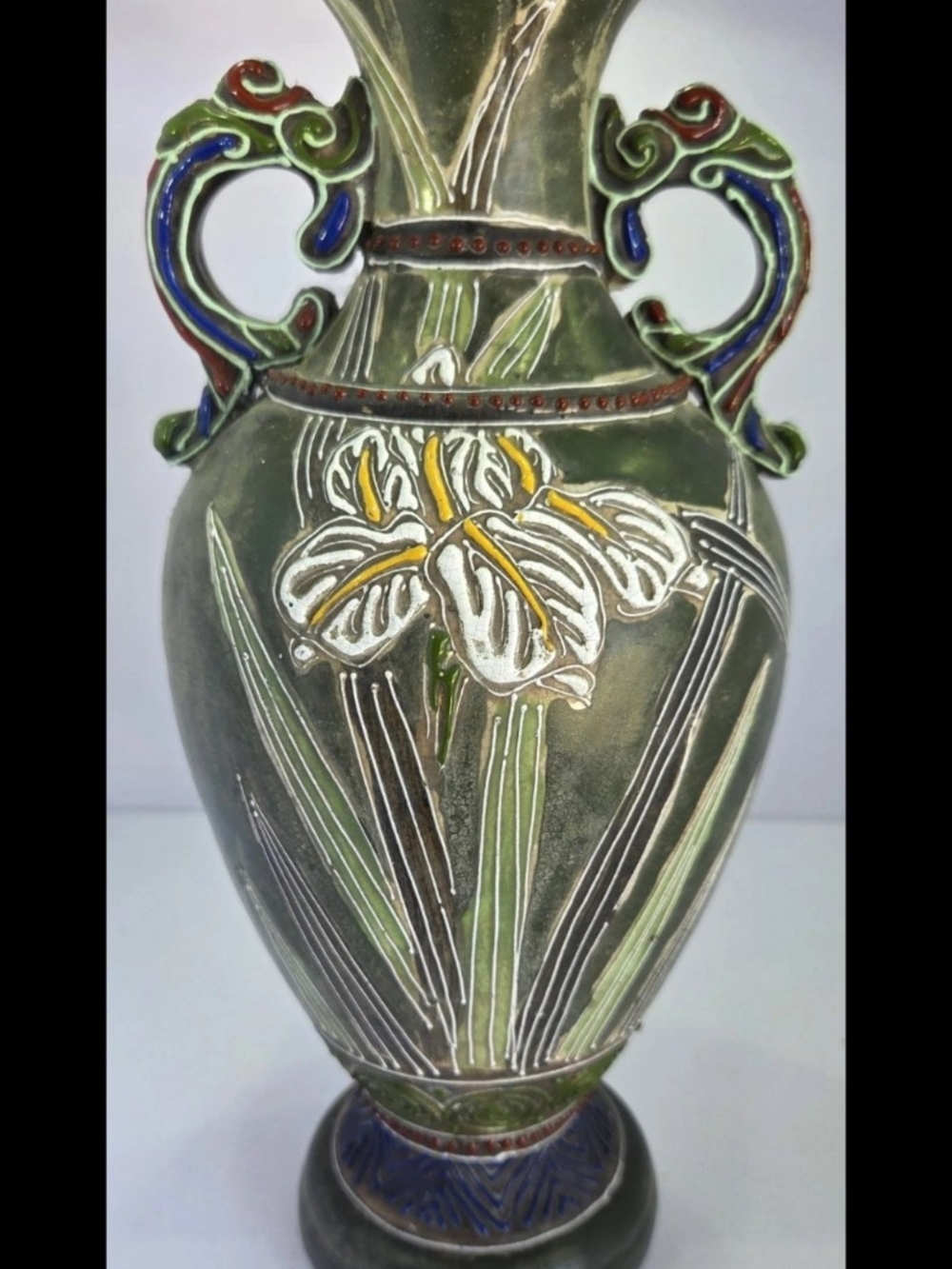 Hand-Painted Green Ceramic Vase with Floral Relief and Colorful Handles